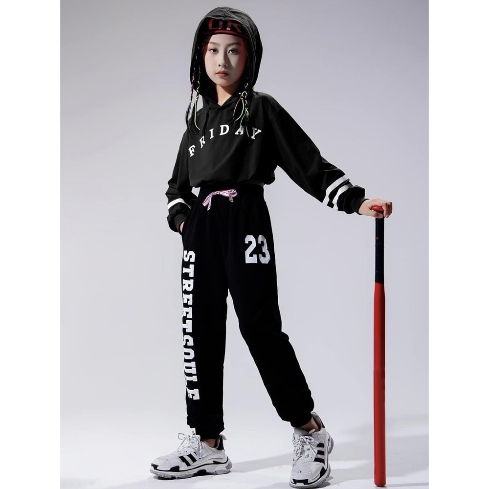 Girls 2-Piece Tracksuit Set Cropped Hoodie & Jogger Sweatpants Size 10-12 Black
